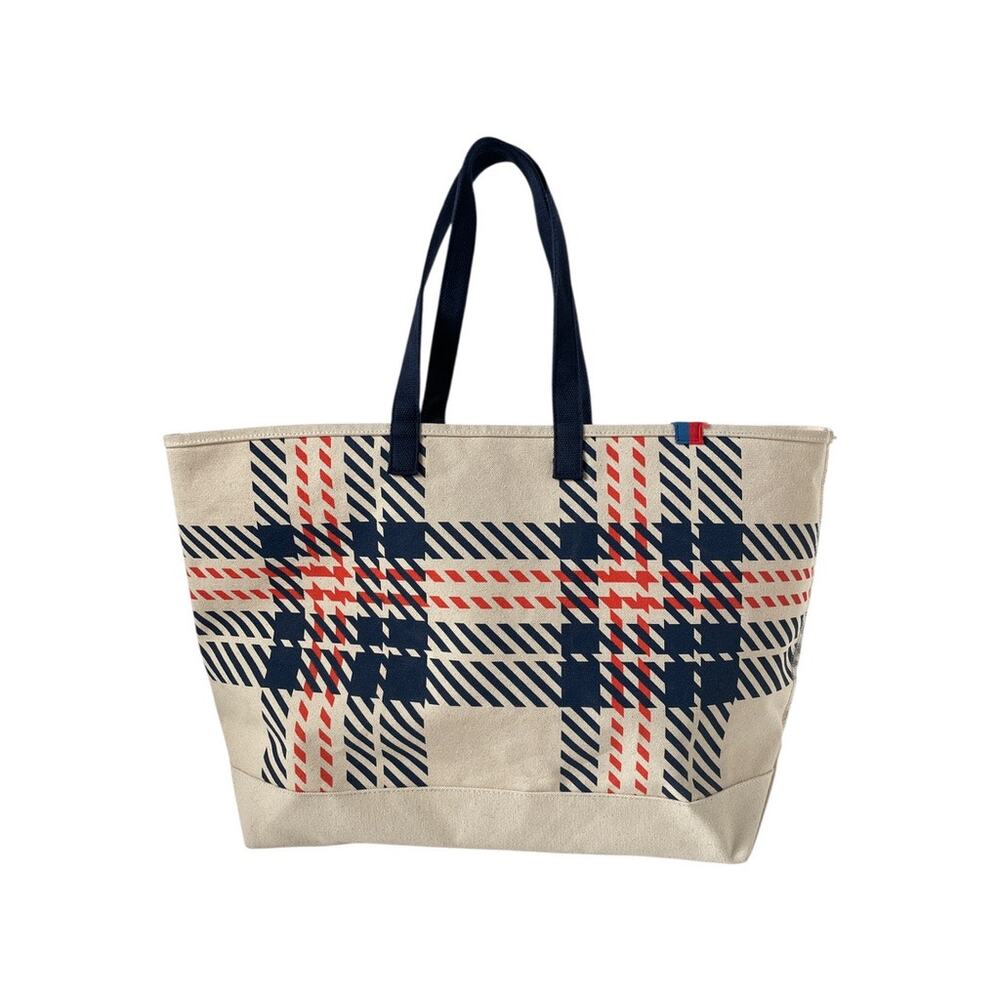 KULE Plaid Canvas Shoulder Tote Natural Navy Red Over Shoulder Carryall Bag - Picture 7 of 7